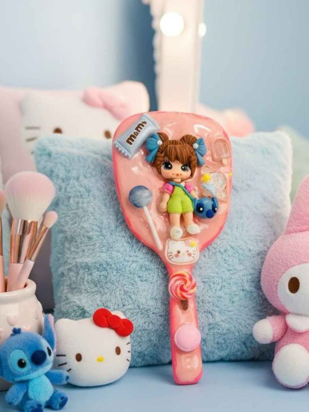 Pink Decorative Decoden Mirror with Doll Accent & stitch